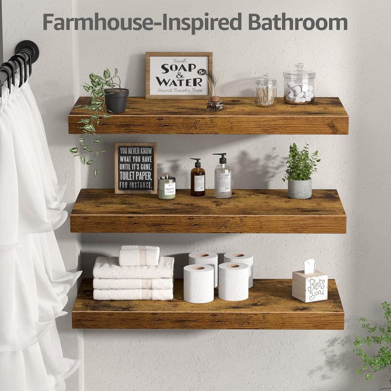 QEEIG 10" Deep Floating Shelves for Wall - 10 x 24 inch Book Shelf Bathroom Bedroom Kitchen Living Room Hanging Bookshelf Farmhouse Set of 3, Rustic Brown (025-60BN3) - Image 5